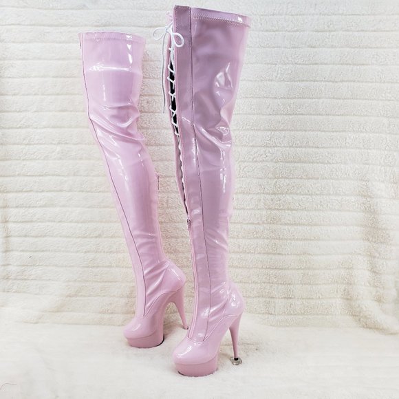 Baby Pink White Patent Platform Thigh High Heel Front Zipper / Lace up Boots - Picture 8 of 12
